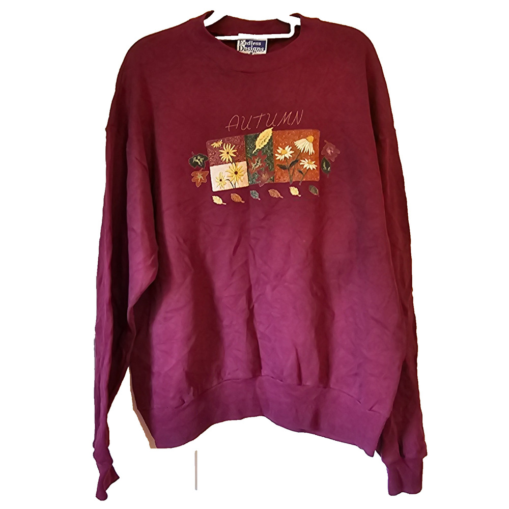 Vintage Endless Designs Autumn Sweatshirt Burgundy Fall Leaves Graphic USA Large
